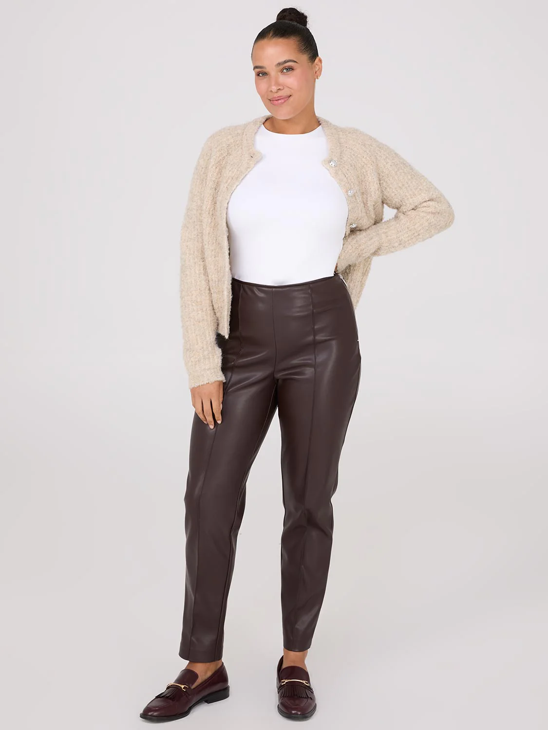 Faux Leather Front Pintuck Ankle Length Pants - Image 2