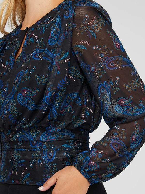 Paisley Print Mesh Top With Pleated Bottom Band - Image 6