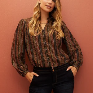 Ribbon Print Button-Front Blouse