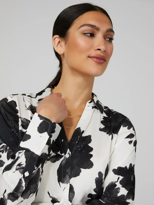 Printed Satin Split Neck Button-Front Blouse - Image 3