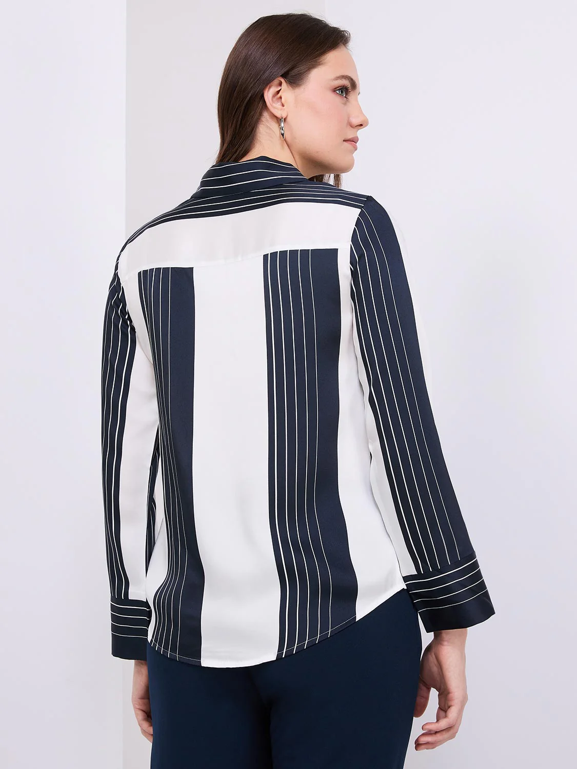 Colour Block Striped Satin Button-Front Blouse - Image 5