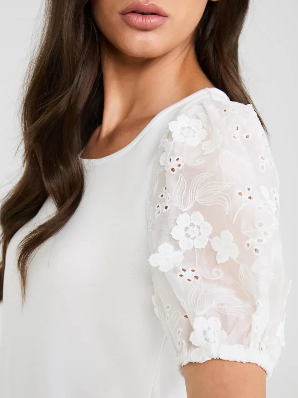 Flower Embroidered Eyelet Sleeve Top - Image 3