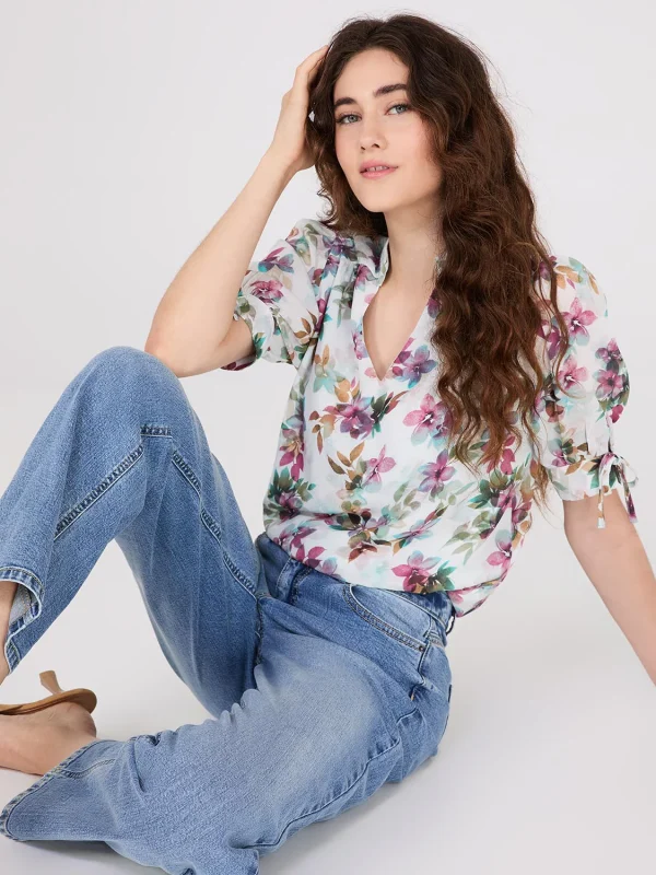 Floral Print Split Neck Tie Sleeve Blouse - Image 3