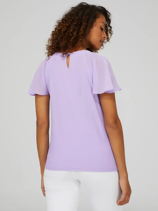 Pleated Crew Neck Top With Chiffon Flutter Sleeves - Image 5
