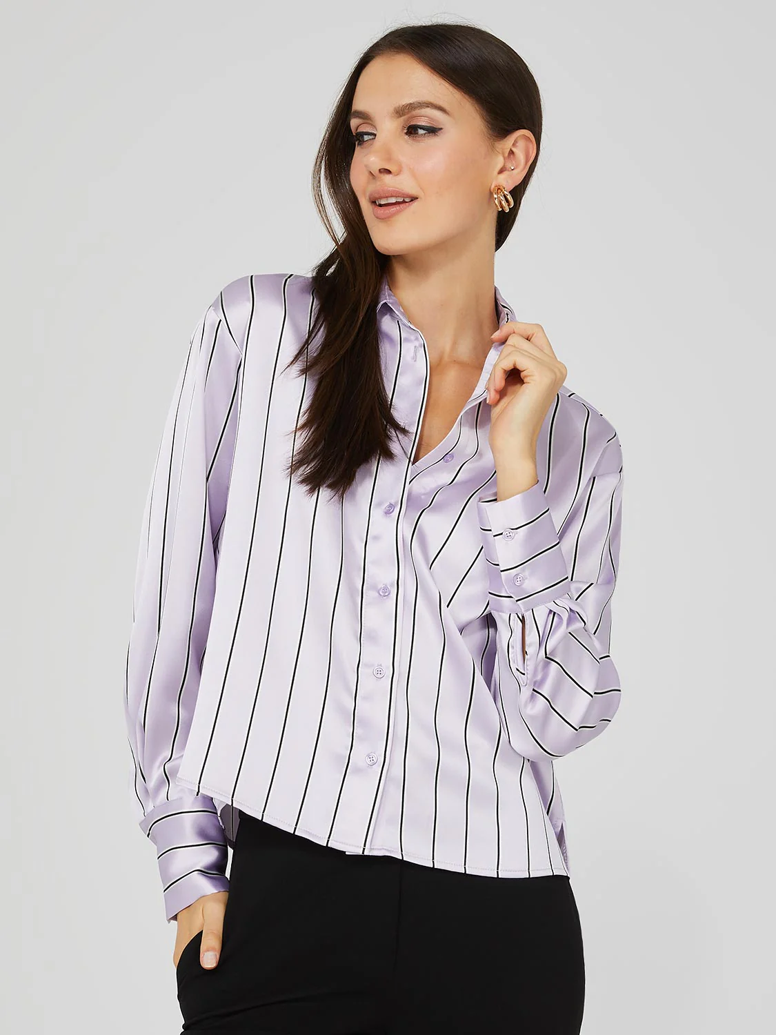 Waisted Striped Satin Button-Front Blouse - Image 3