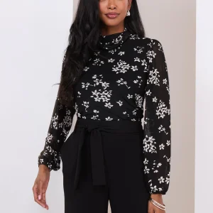 Floral Print Balloon Sleeve Turtleneck Top