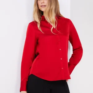 Satin Split Neck Button-Front Blouse