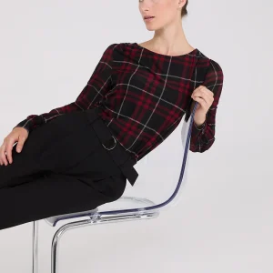 Plaid Long Chiffon Sleeve Boat Neck Top