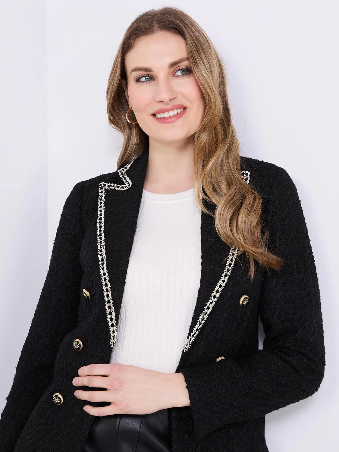Contrast Trim Faux Double-Breasted Boucle Blazer - Image 2