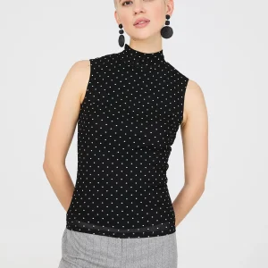 Dot Print Mock Neck Mesh Top