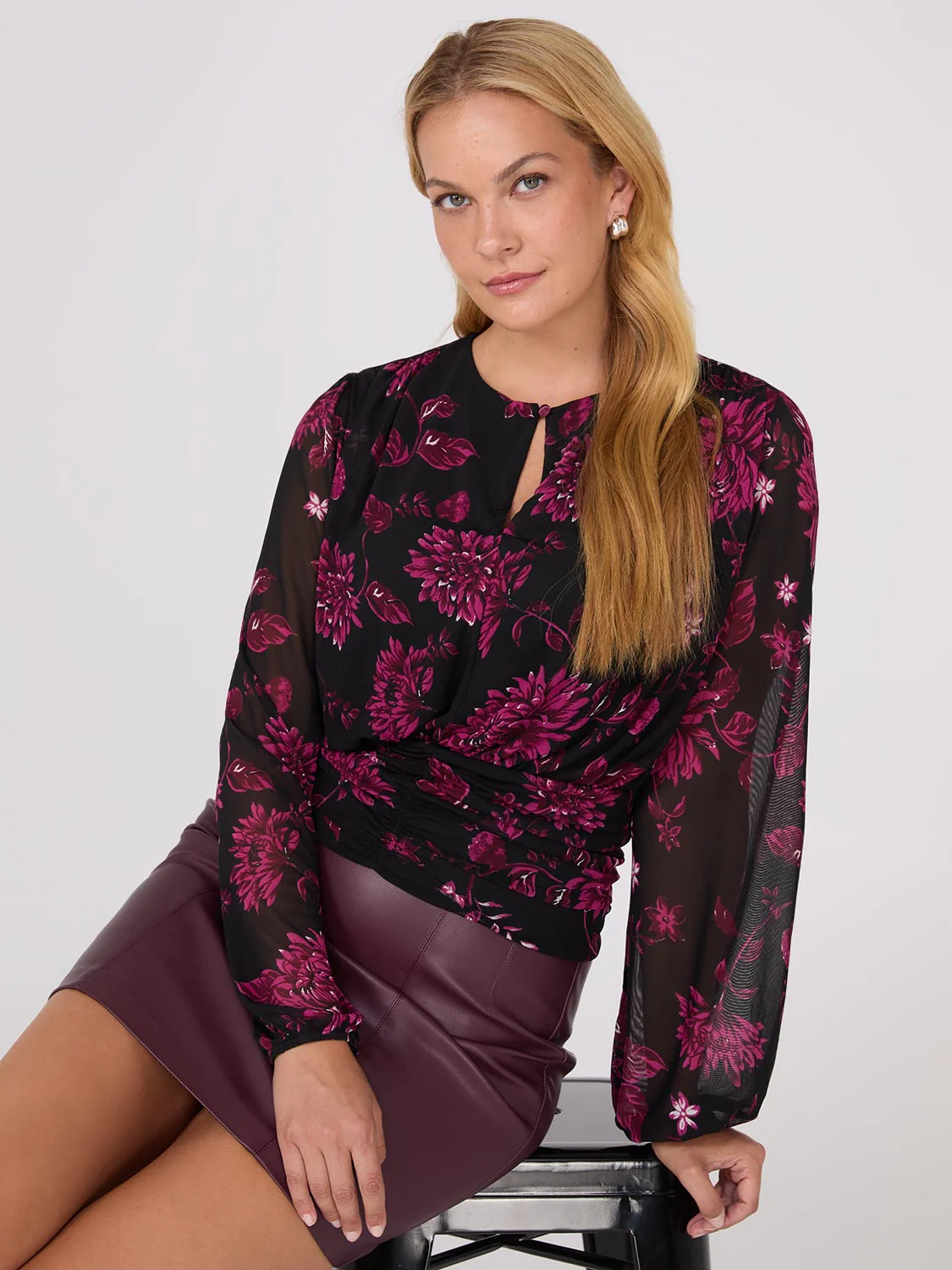 Floral Print Mesh Top With Ruched Waistband - Image 2