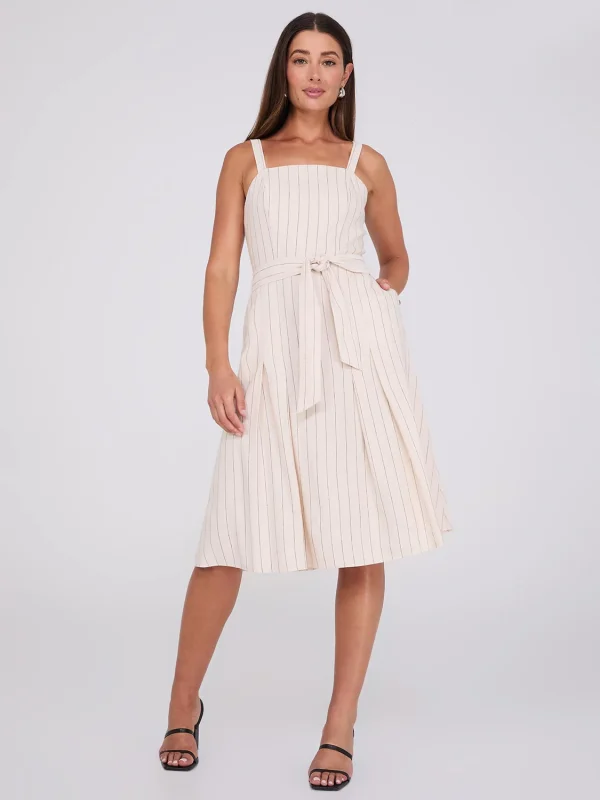 Striped Linen Knee Length Dress With Pockets - Image 2
