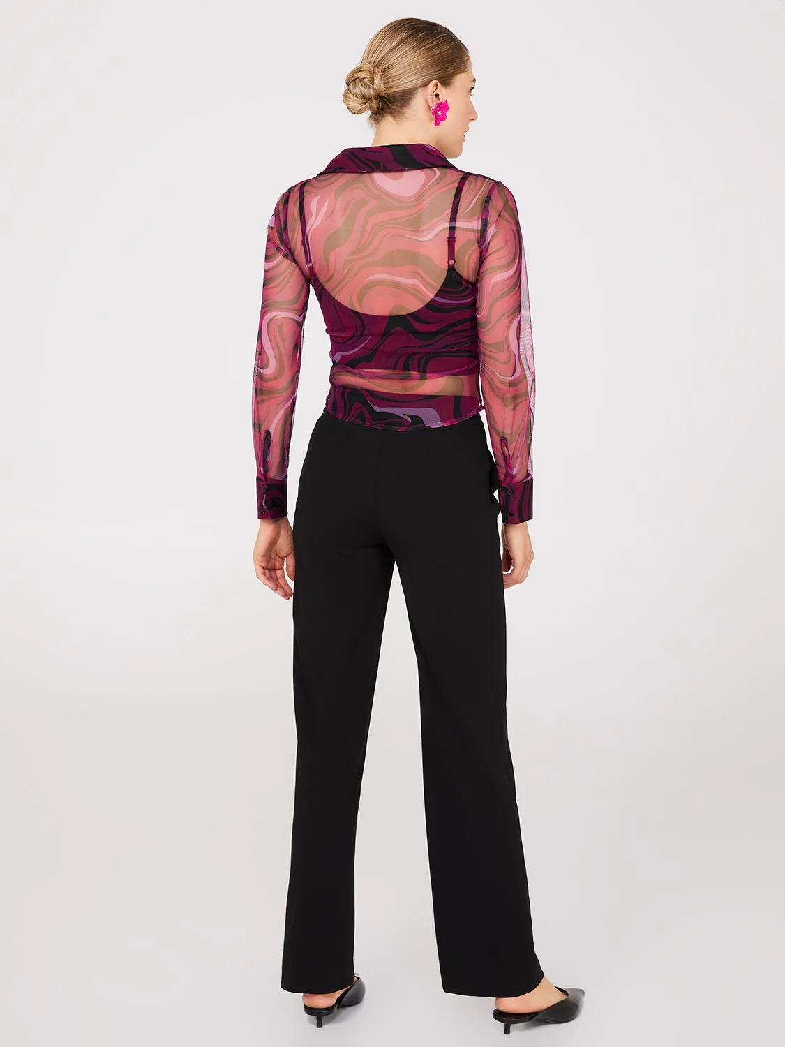 Abstract Print Ruched Button-Front Mesh Blouse - Image 4