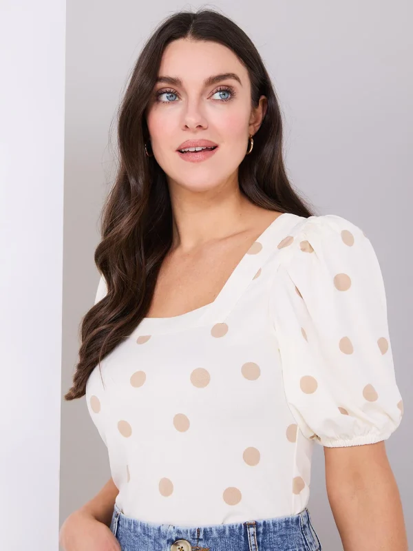 Dot Print Puff Sleeve Square Neck Top - Image 2