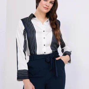 Colour Block Striped Satin Button-Front Blouse