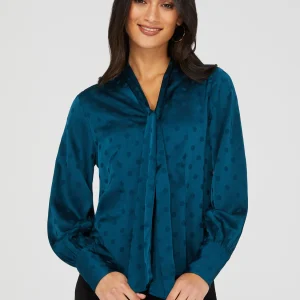 Polka Dot Jacquard Button-Front Bow Blouse