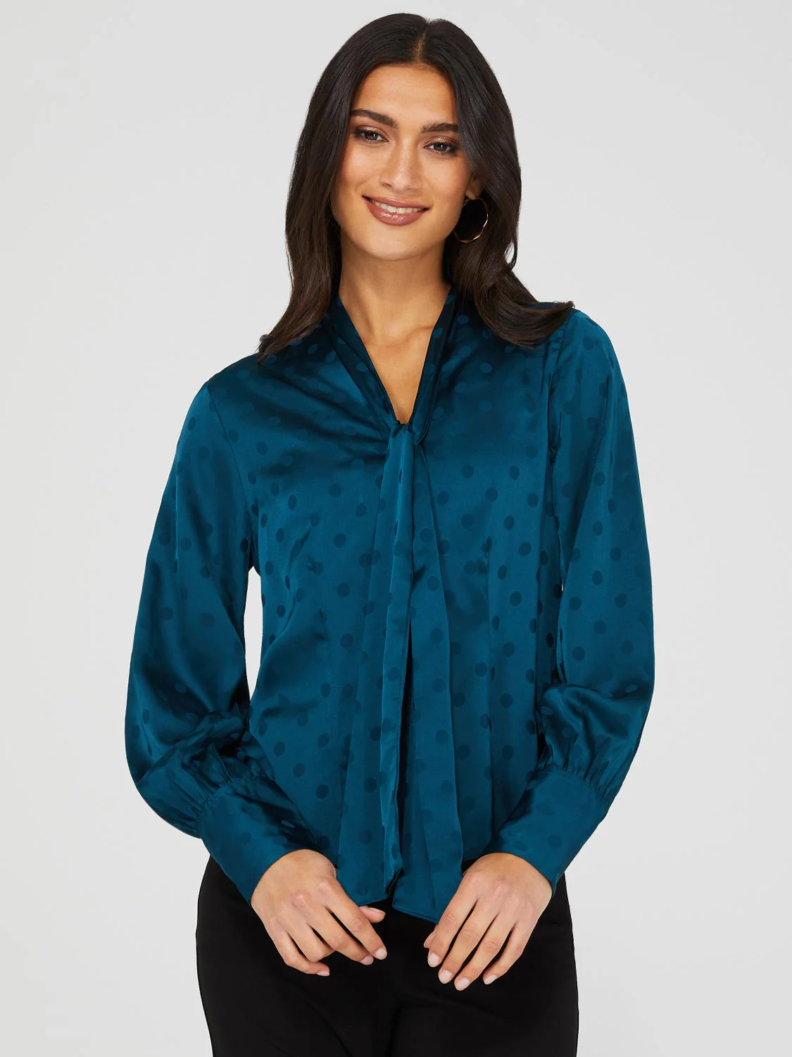 Polka Dot Jacquard Button-Front Bow Blouse