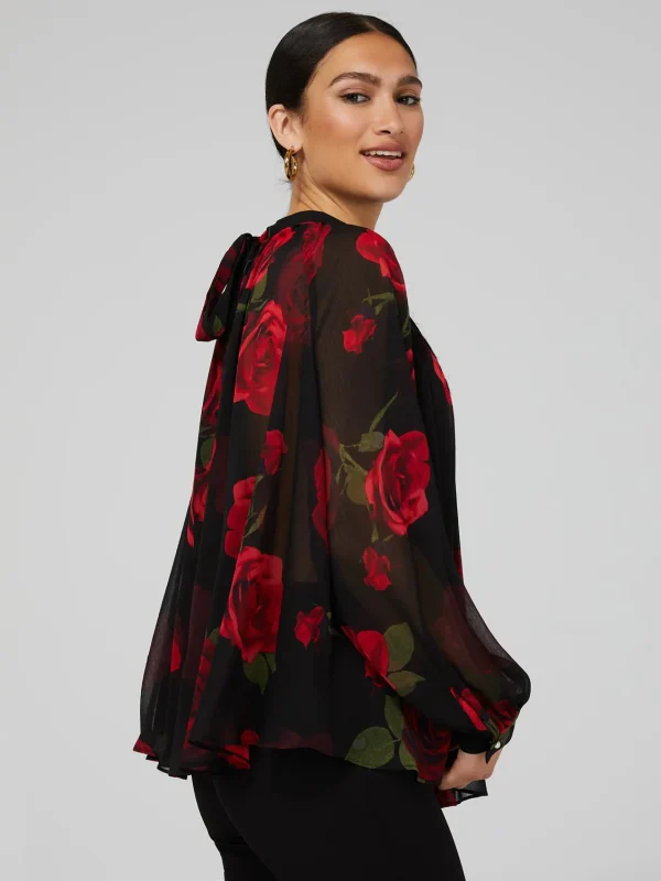 Floral Print Chiffon High Neck Blouse With Voluminous Sleeves - Image 6