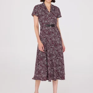 Floral Print Shawl Collar Belted Midi Dress