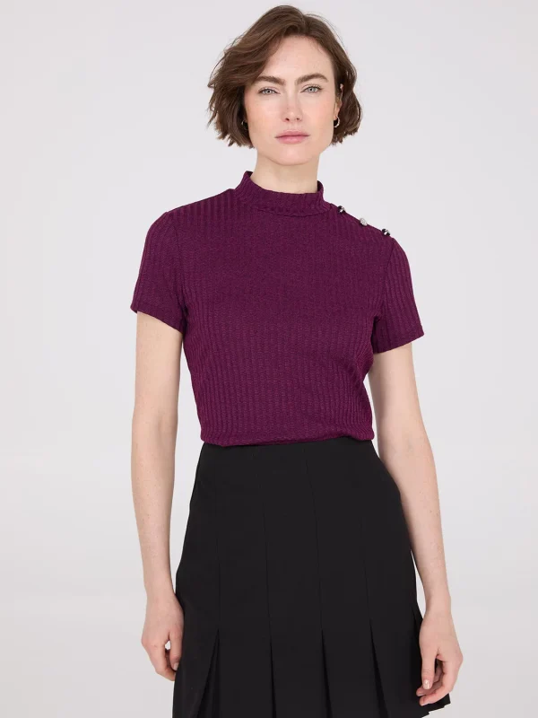 Ribbed Mock Neck Top With Button Details - Image 6