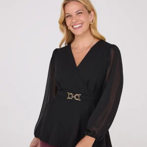 Crossover Peplum Top With Gold Buckle Belt