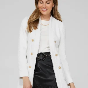 Long Open Boucle Blazer With Fringe Lapels