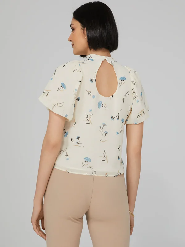 Printed Mock Neck Blouse With Open Back - Image 4