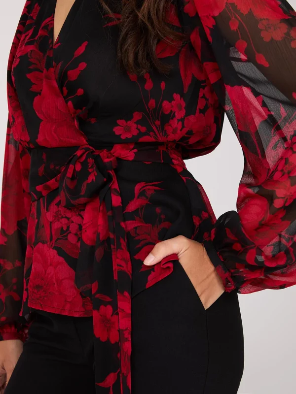 Floral Print Faux Wrap Blouse - Image 4