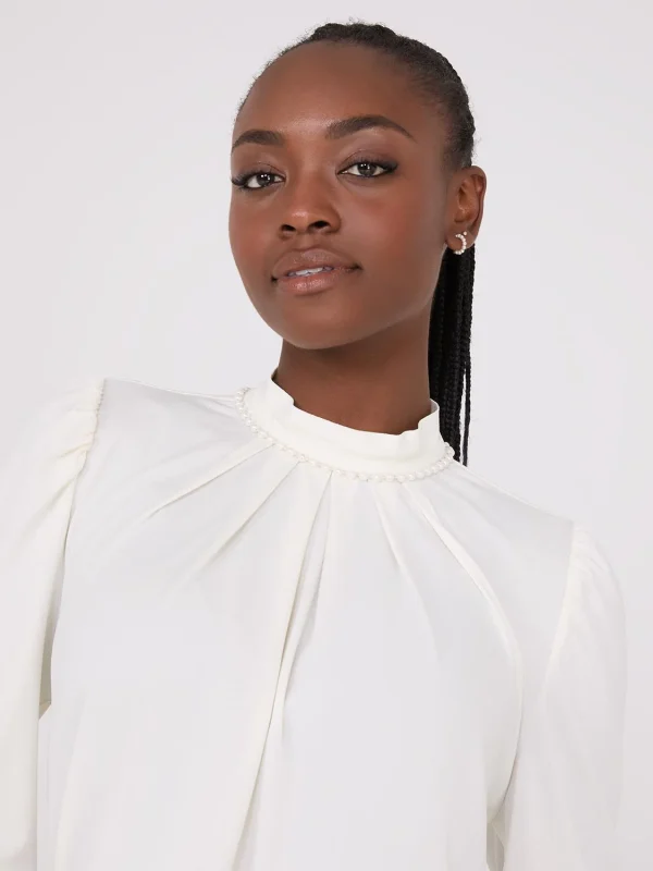 Textured Mock Neck Top With Pearl Details - Image 2