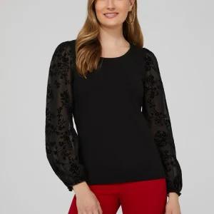 Round Neck Top With Sheer Chiffon Long Sleeves