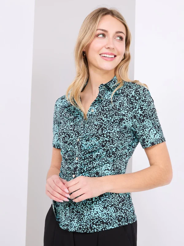 Leaf Print Button-Front Short Sleeve Blouse - Image 2