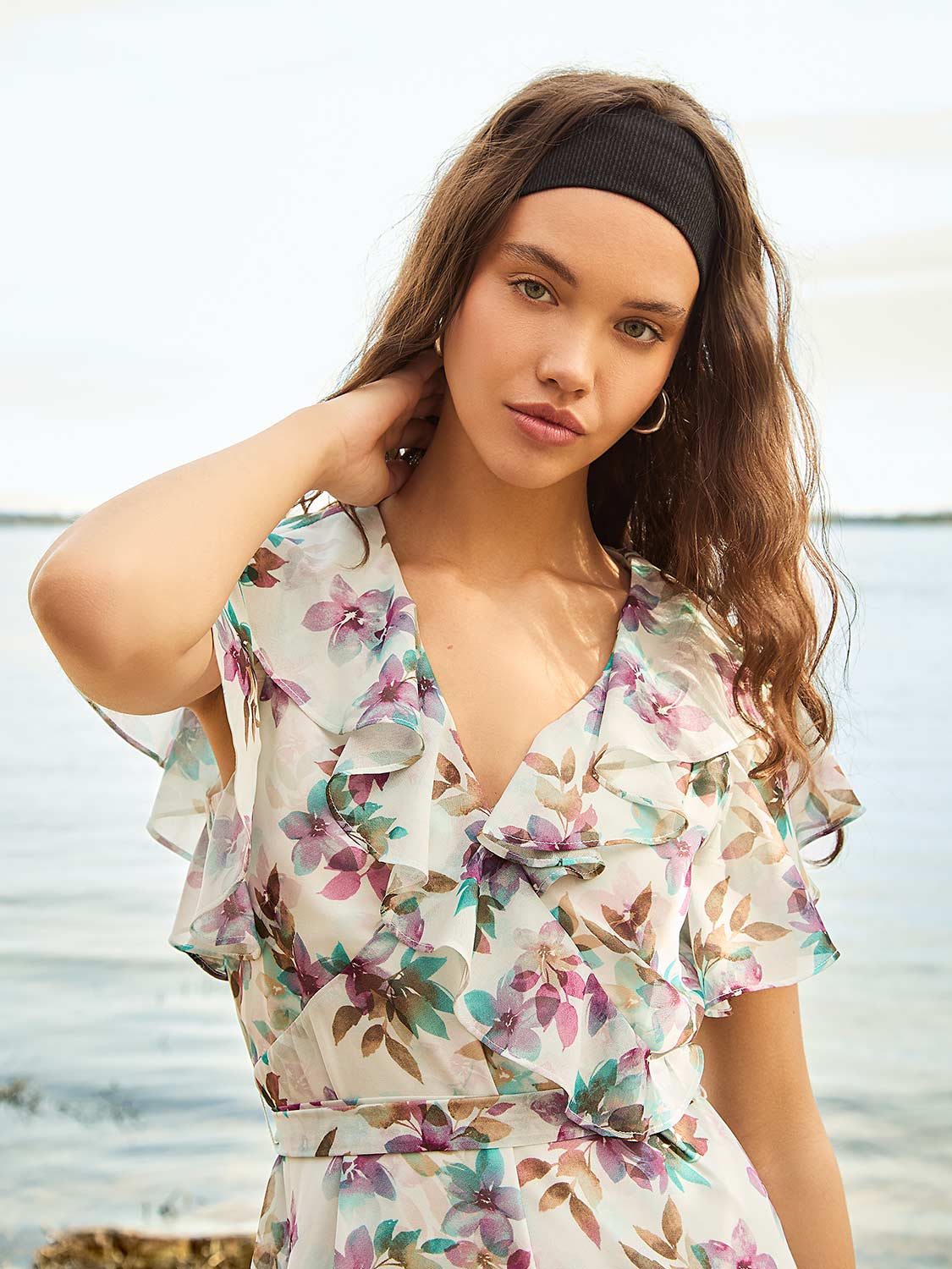 Floral Print Chiffon Midi Dress With Ruffle Details - Image 6