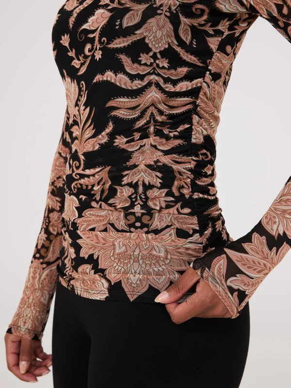 Abstract Print Mock Neck Mesh Top - Image 4