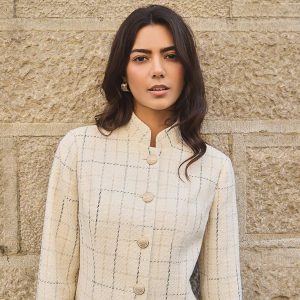 Boucle Button-Front Blazer With Mandarin Collar