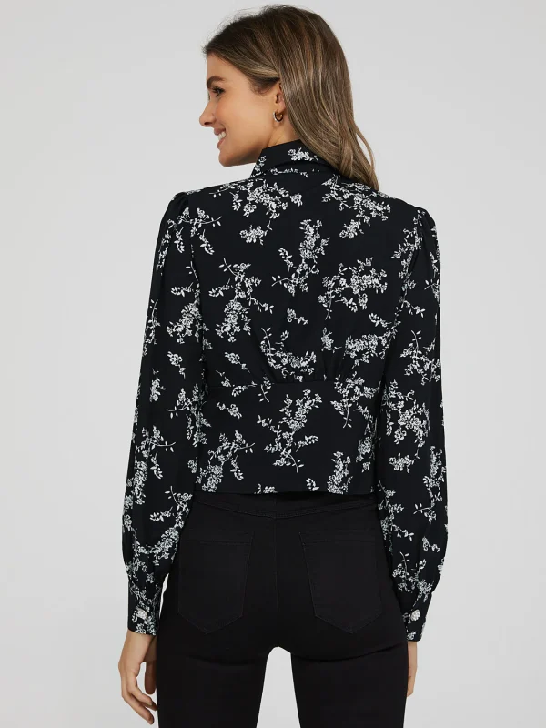 Printed Jewel Button Tie Neck Blouse - Image 4