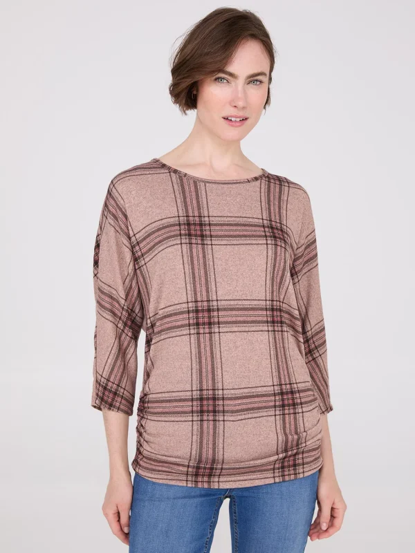 3/4 Sleeve Plaid Top With Side Ruching - Image 2