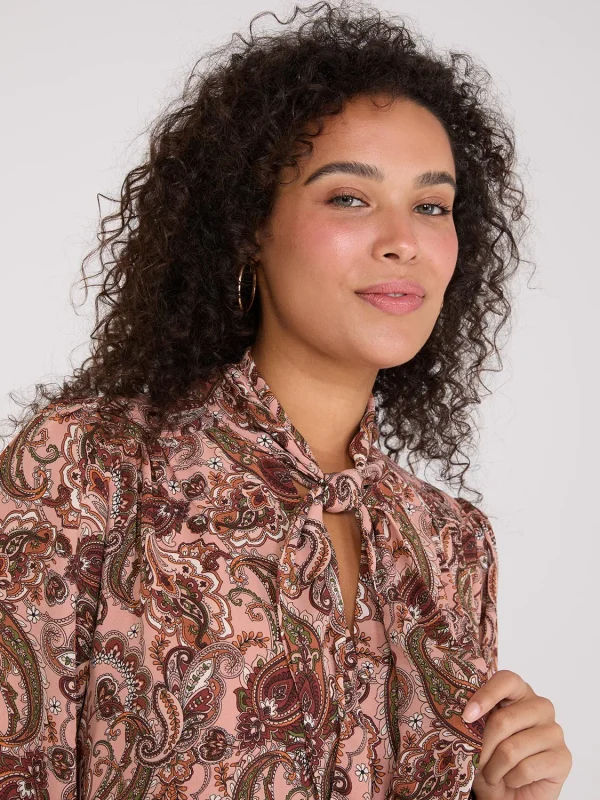 Paisley Print Button-Front Bow Blouse - Image 3