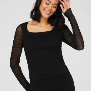 Textured Crepe Scoop Neck Top With Smocked Mesh Sleeves