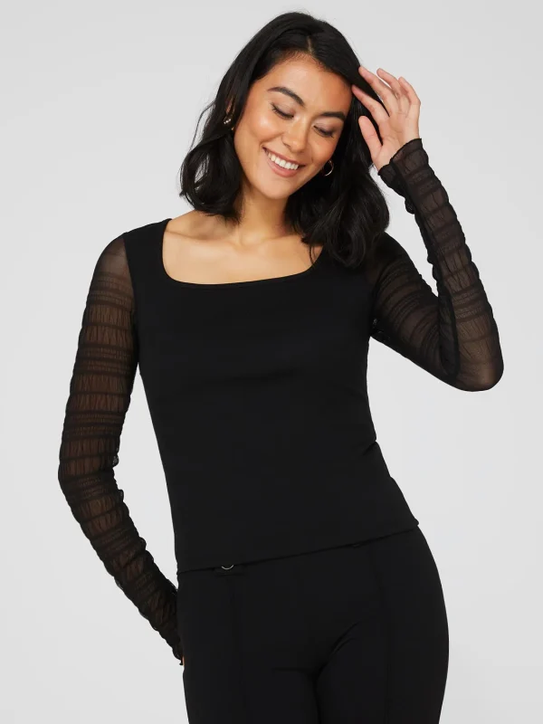 Textured Crepe Scoop Neck Top With Smocked Mesh Sleeves