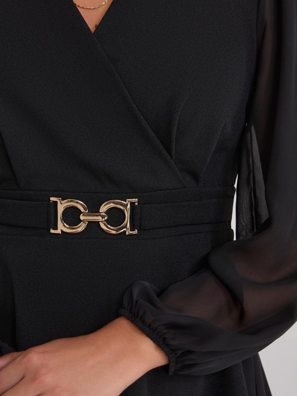 Crossover Peplum Top With Gold Buckle Belt - Image 3