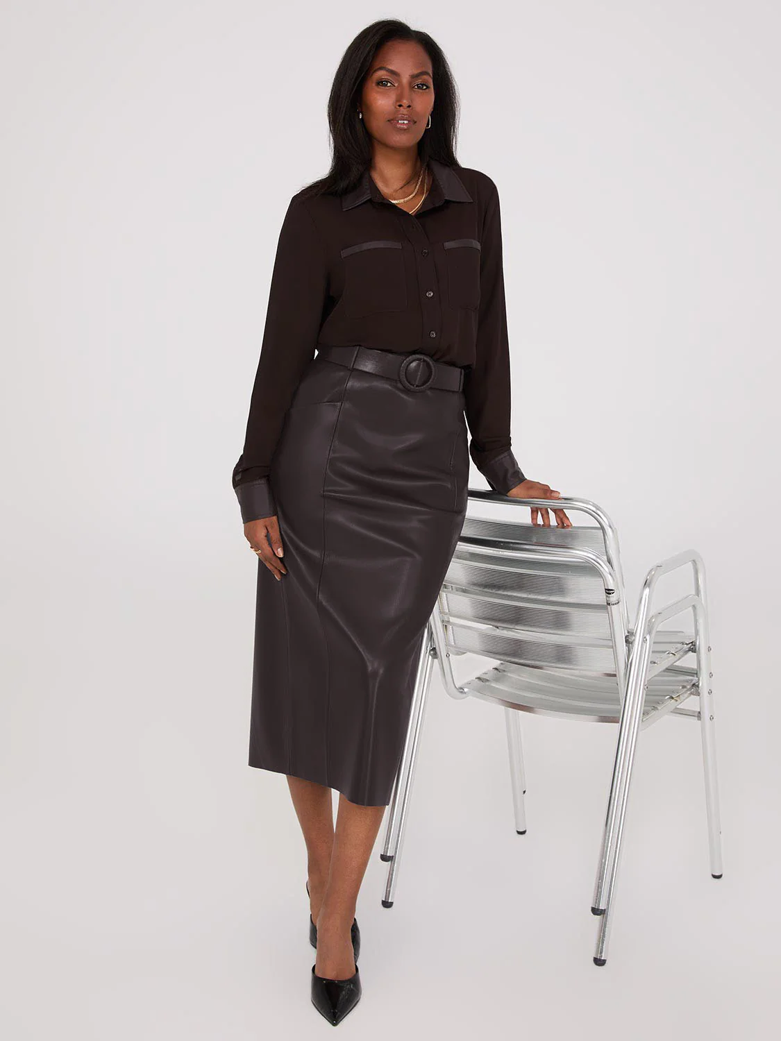 Chiffon Blouse With Faux Leather Details - Image 2