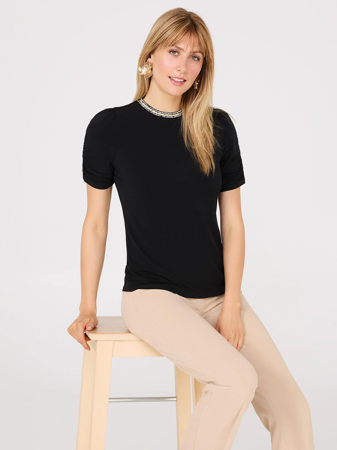 Short Puff Sleeve Boucle Neck Top - Image 2