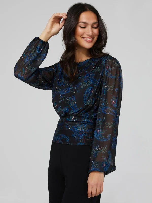Paisley Print Mesh Top With Pleated Bottom Band - Image 3