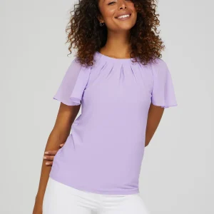 Pleated Crew Neck Top With Chiffon Flutter Sleeves