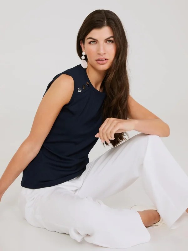 Sleeveless Jacquard Top With Button Shoulder Details - Image 3