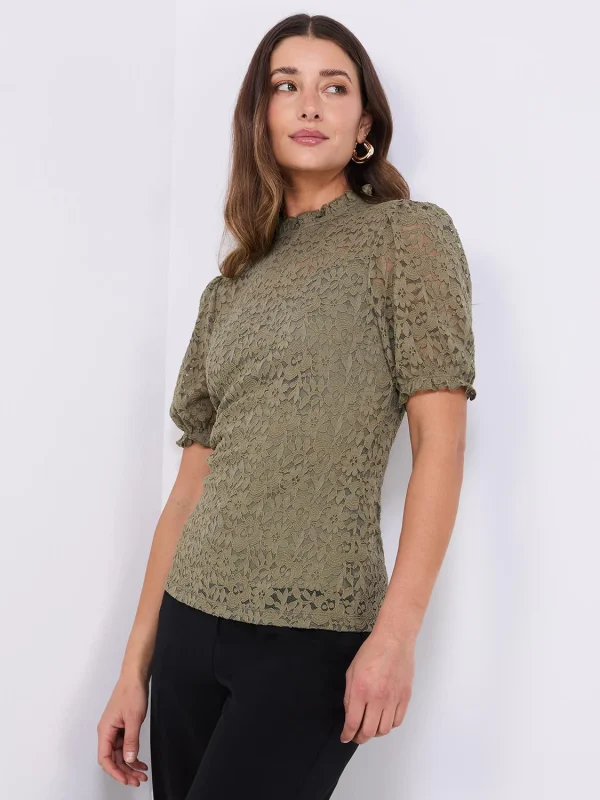 Floral Lace Mock Neck Short Sleeve Top - Image 2