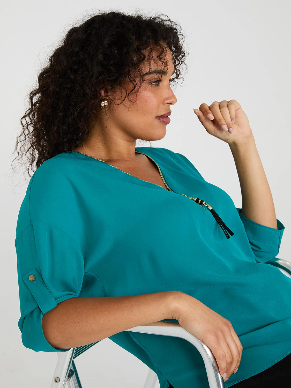 Geo Print Zip Front V-Neck Top - Image 2