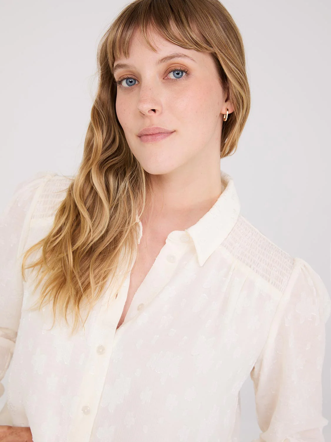 Chiffon Button-Front Blouse With Smocked Details - Image 3