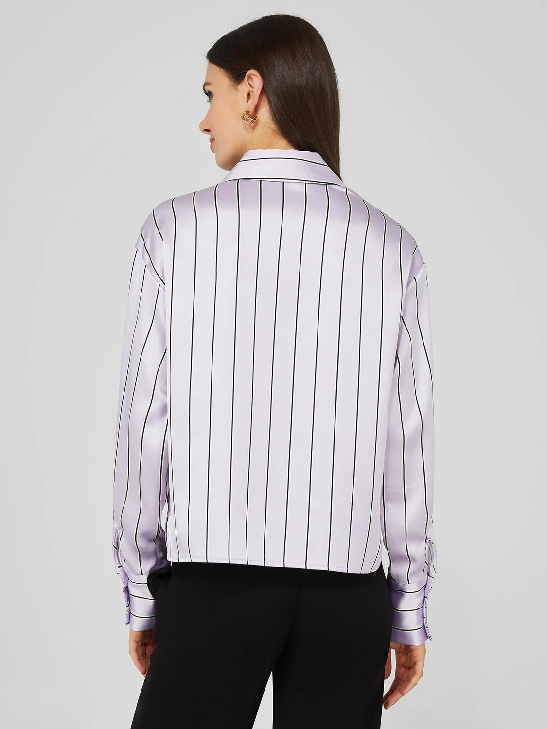 Waisted Striped Satin Button-Front Blouse - Image 5