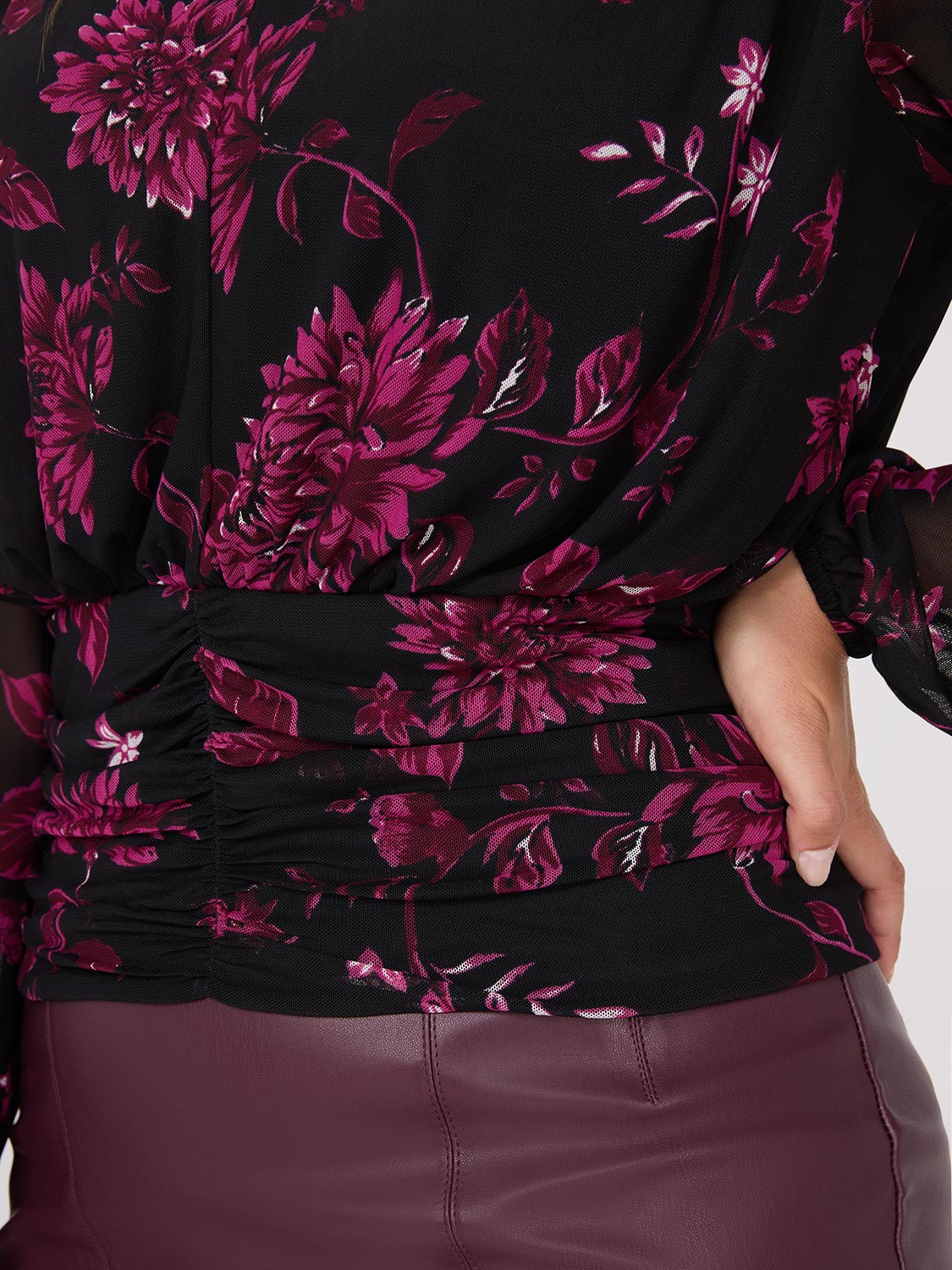 Floral Print Mesh Top With Ruched Waistband - Image 3